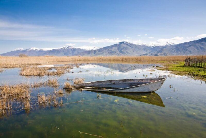 the small prespa lake or limni mikra prespa in macedonia in northern greece