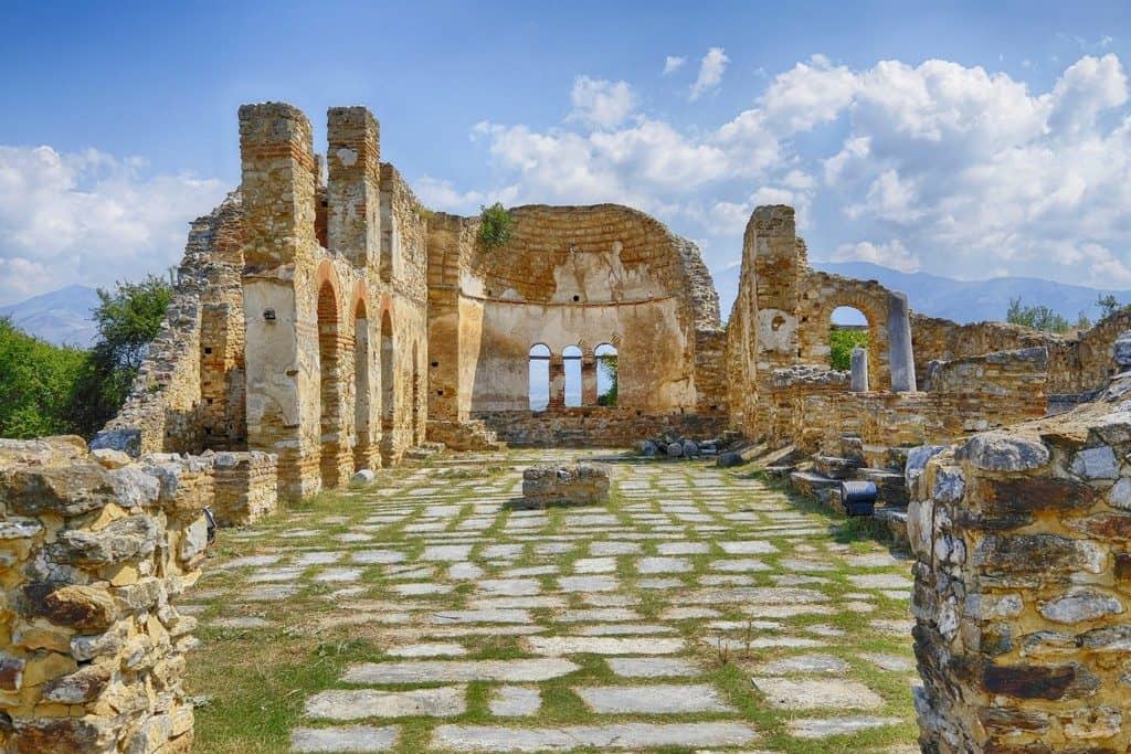 Saint Achilleios old Byzantine church ruins at lake Prespa in Greece.